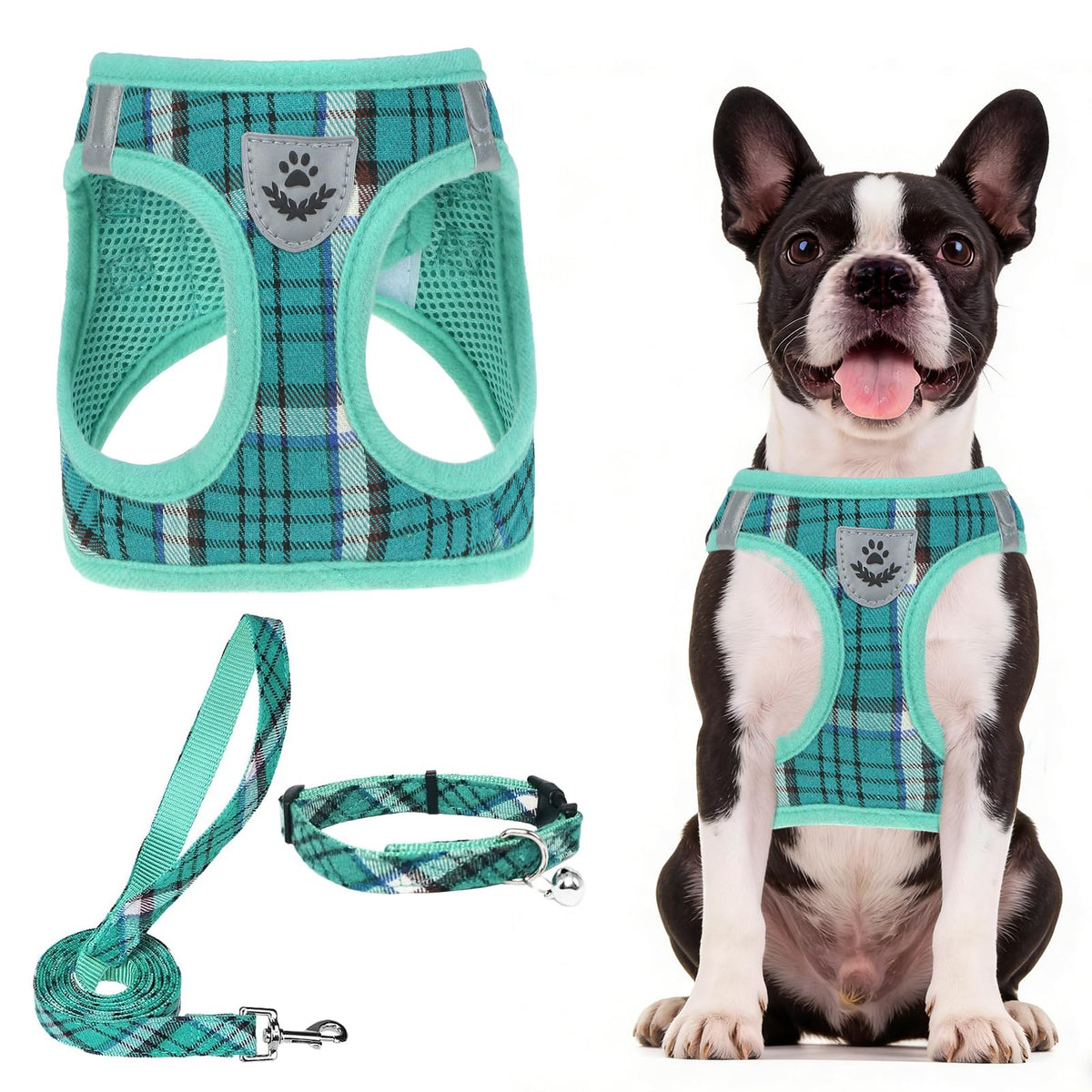 PUPTECK Adjustable Pet Harness Collar &Leash Set Step in for Small Dogs Puppy &Cats Outdoor Training &Running, Soft Mesh Padded Reflective Vest Harness,M: Chest girth: 16-18in Collar: 11.8-15.7in