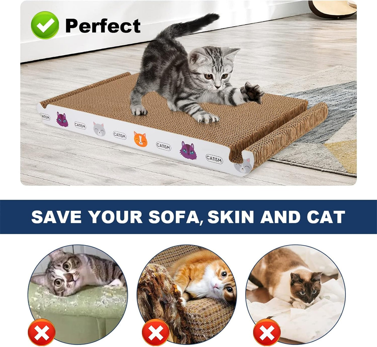 CATISM Cat Scratcher Cat Scratching Board - Foldable - Triangle, 6 Usable Sides Scratchers for Indoor Cats, Durable Recyclable Cats Cardboard Vertical(Pack of 3)