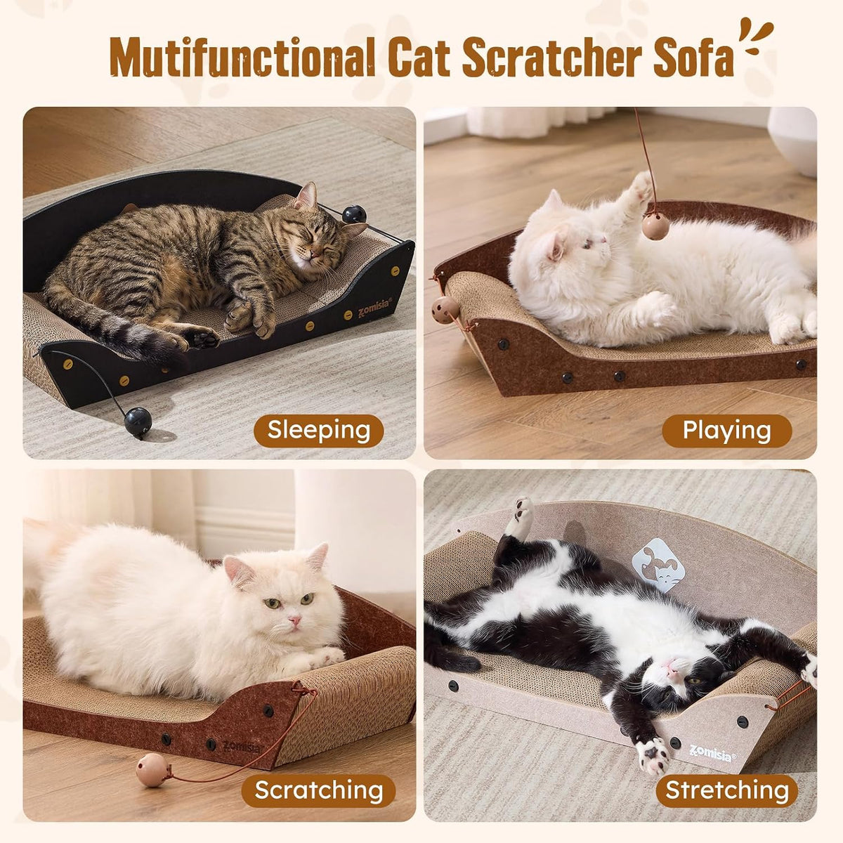 ZOMISIA 26'' Cardboard Cat Scratcher Bed for Indoor Cats, 1PC, Brown