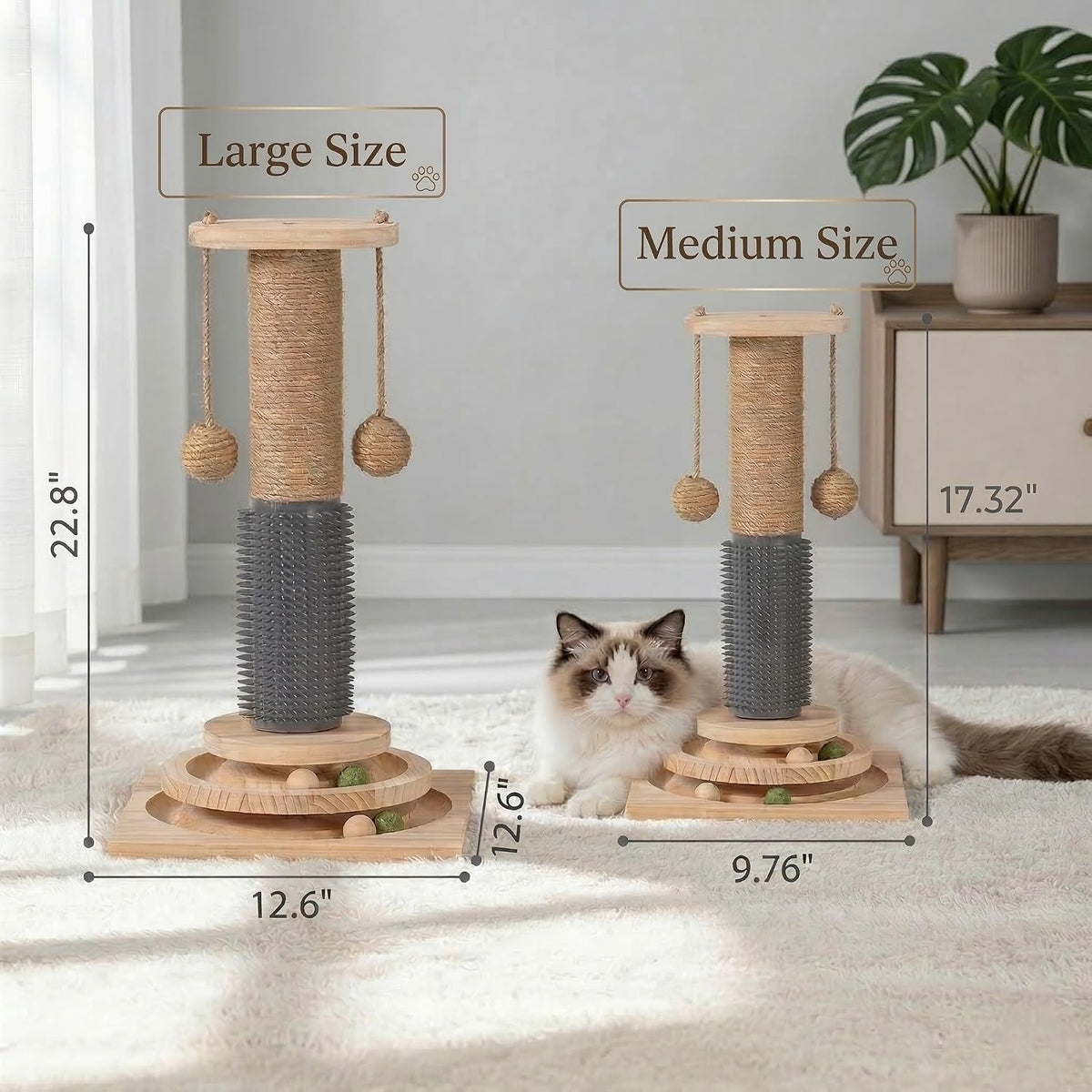 4-in-1 Solid Wood Cat Scratching Post with Self-Groomer, Medium Size