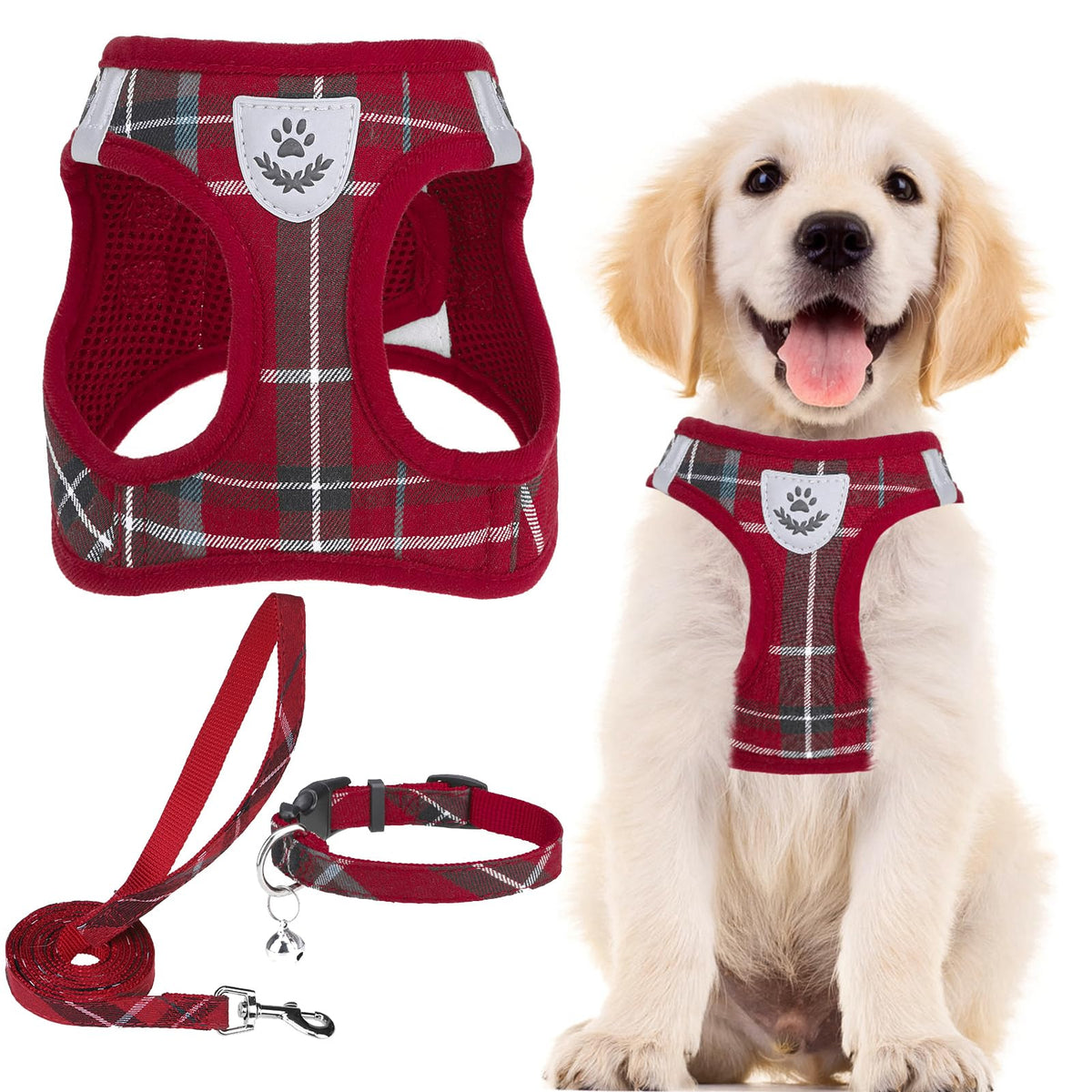 PUPTECK Adjustable Pet Harness Collar &Leash Set Step in for Small Dogs Puppy &Cats Outdoor Training &Running, Soft Mesh Padded Reflective Vest Harness,M: Chest girth: 16-18in Collar: 11.8-15.7in