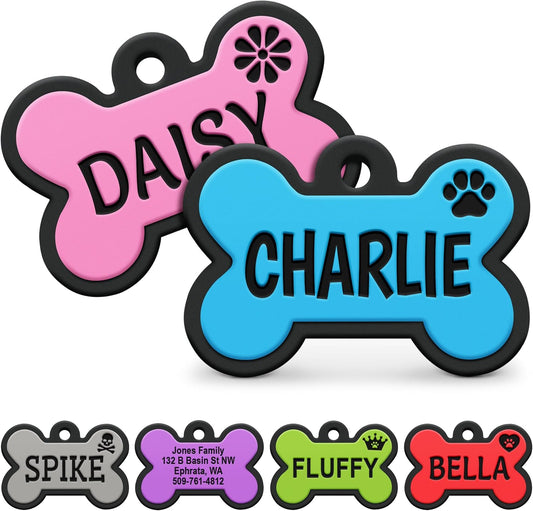 GoTags Silent Silicone Dog Tags, Personalized Soundless Pet Tag Engraved with Unique Custom Designs, for Dogs and Cats Small Medium and Large 6 Bright Colors (Bone)
