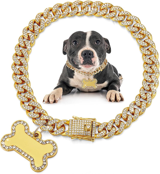 Hillban Golden Dog Chain Diamond Collar Necklace with Pet ID Jewelry Tags Rhinestones Stainless Steel Metal Link Collar Walking Chain for Christmas Puppy Boys Girls Gift Small Dogs (16 Inch)