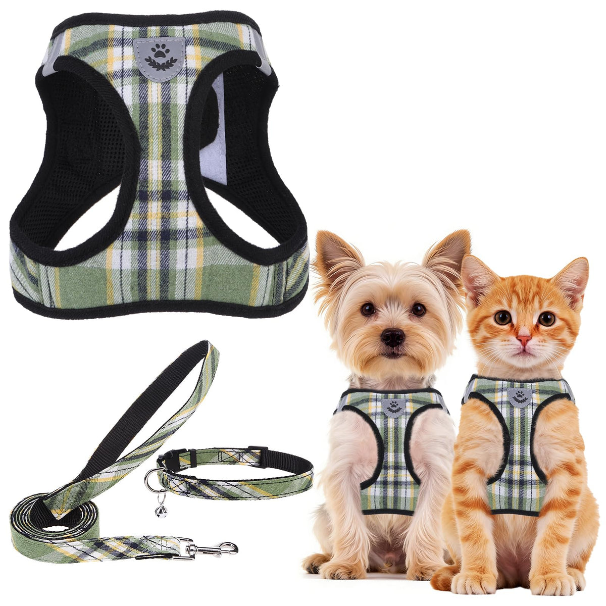PUPTECK Adjustable Pet Harness Collar &Leash Set Step in for Small Dogs Puppy &Cats Outdoor Training &Running, Soft Mesh Padded Reflective Vest Harness,M: Chest girth: 16-18in Collar: 11.8-15.7in