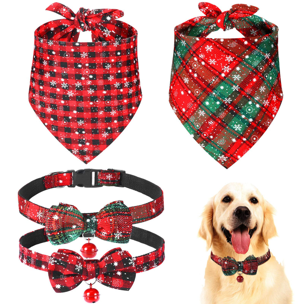 Frienda 4 Pcs Christmas Dog Bandanas and Collars Set, L, Stylish Style