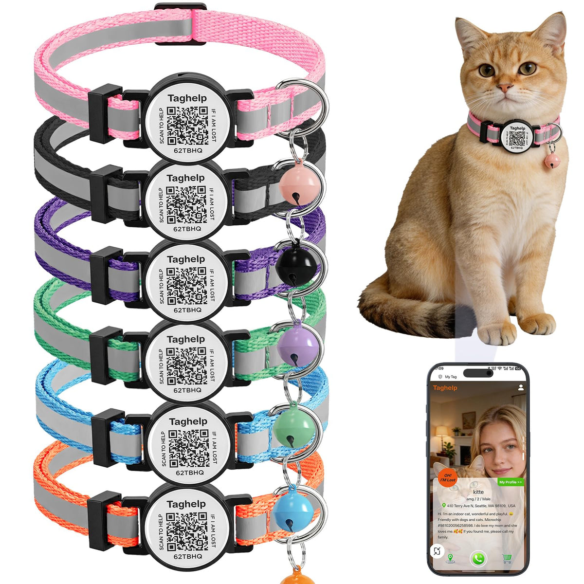 2 Pack QR Code Cat Collar with Instant Lost Pet Recovery System, Scan for Urgent Alerts & Location Info, Breakaway Reflective Collar with Safety Bell (Blue & Pink)