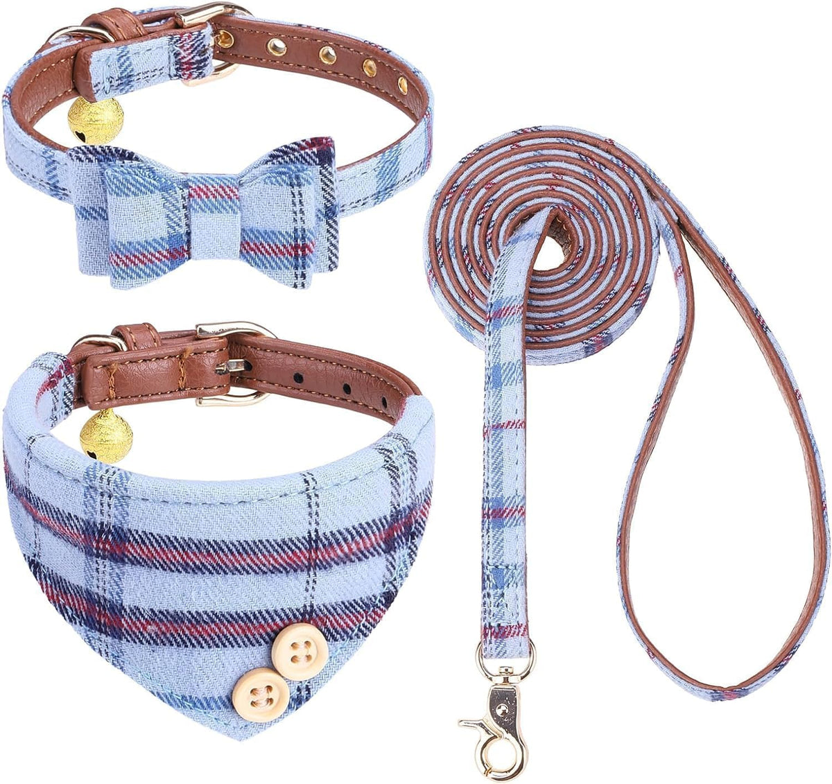 KOOLTAIL Cute Small Dog Collar and Leash Set with Bowtie and Bells,Puppy Bandana Collar and Leash for Girls with Pink Heart Pattern,Soft Leather Tangle Free Leashes for Small Dogs,Cats