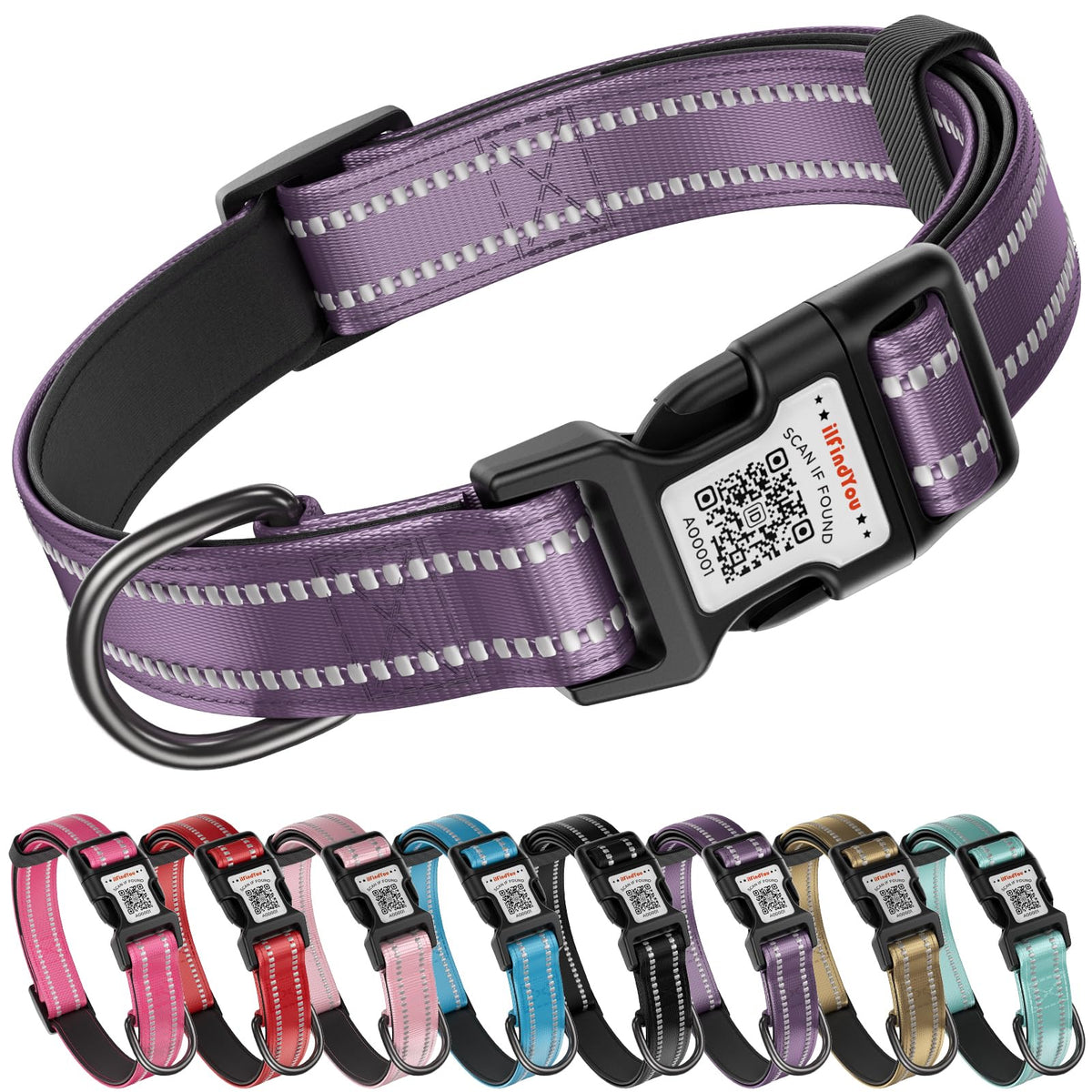 Personalized Dog Collar with QR Code Dog Tag, Light Blue M