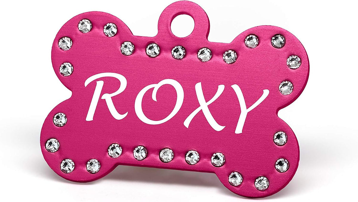Providence Engraving Custom Engraved Crystal Pet Tags, Bone Shape, Pink