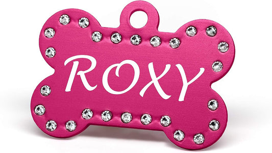Providence Engraving Custom Engraved Crystal Pet Tags, Bone Shape, Pink
