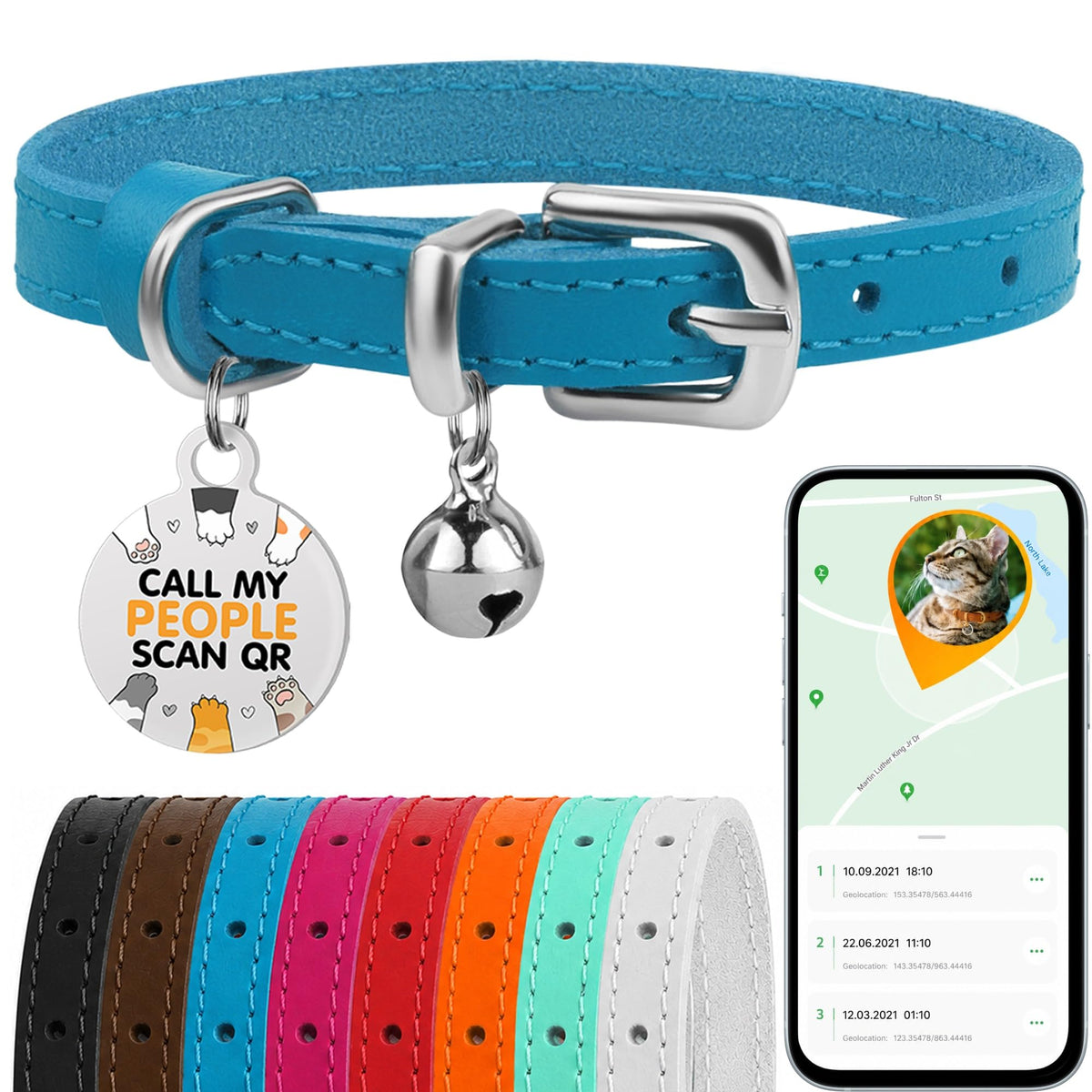 Leather Cat Collar, Removable Bells, QR Tag (9-12", Black & Gold)
