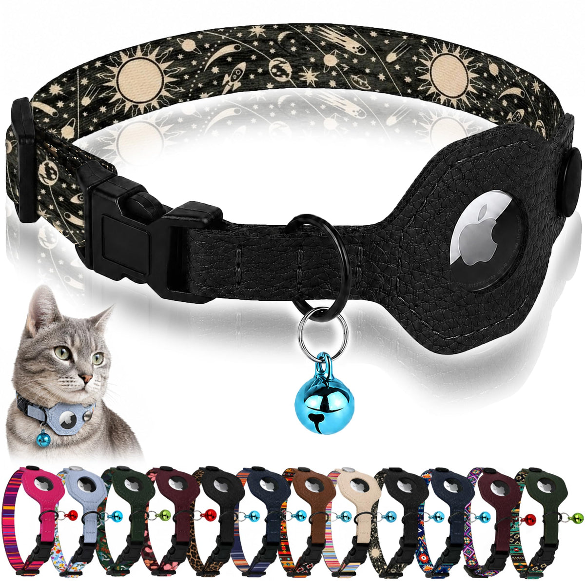 Breakaway Cat Collar with Leather AirTag Holder & Bell - Apple Air Tag Cat Collars for Girls & Boys, Lightweight Anti-Lost GPS Tracker Design, Printed Pattern - Safety and Adjustable (Aztec)