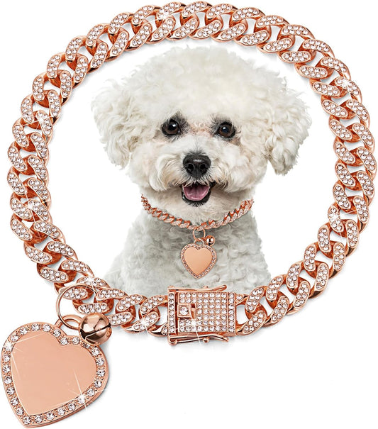 Hillban Gold Chain Dog Collar Rhinestone Heart Charm, Rose Gold, 14 Inch