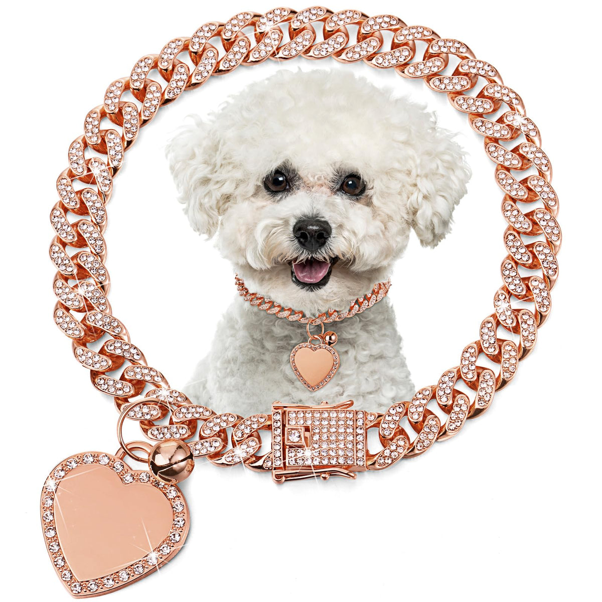 Hillban Gold Chain Dog Collar Rhinestone Heart Charm, Rose Gold, 14 Inch