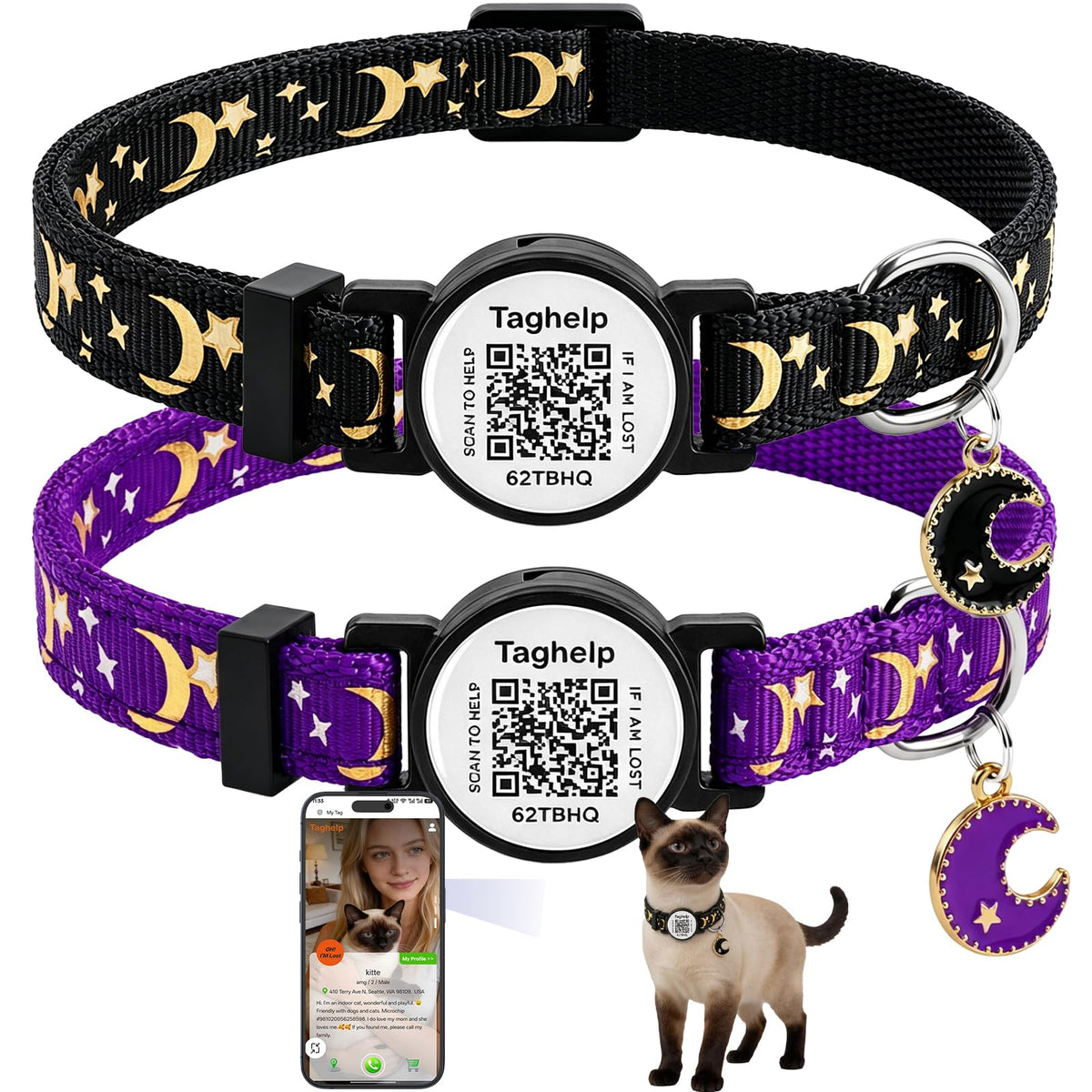 2 Pack QR Code Cat Collar with Instant Lost Pet Recovery System, Scan for Urgent Alerts & Location Info, Breakaway Reflective Collar with Safety Bell (Blue & Pink)