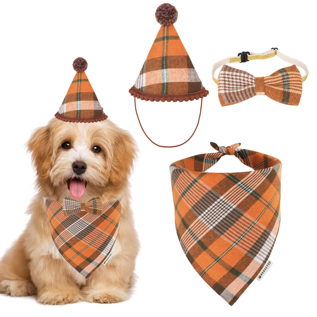 ADOGGYGO Christmas Dog Bandana Hat Bow Tie Set - Stylish Red Plaid Puppy Christmas Hat Scarf Costume Outfit for Small Dogs Pets (Small)