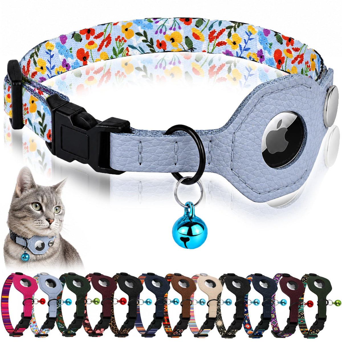 Breakaway Cat Collar with Leather AirTag Holder & Bell - Apple Air Tag Cat Collars for Girls & Boys, Lightweight Anti-Lost GPS Tracker Design, Printed Pattern - Safety and Adjustable (Aztec)