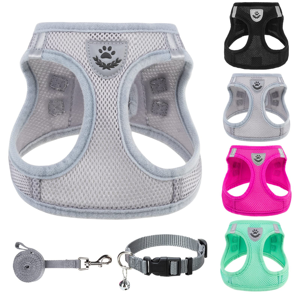 PUPTECK Adjustable Pet Harness Collar &Leash Set Step in for Small Dogs Puppy &Cats Outdoor Training &Running, Soft Mesh Padded Reflective Vest Harness,M: Chest girth: 16-18in Collar: 11.8-15.7in