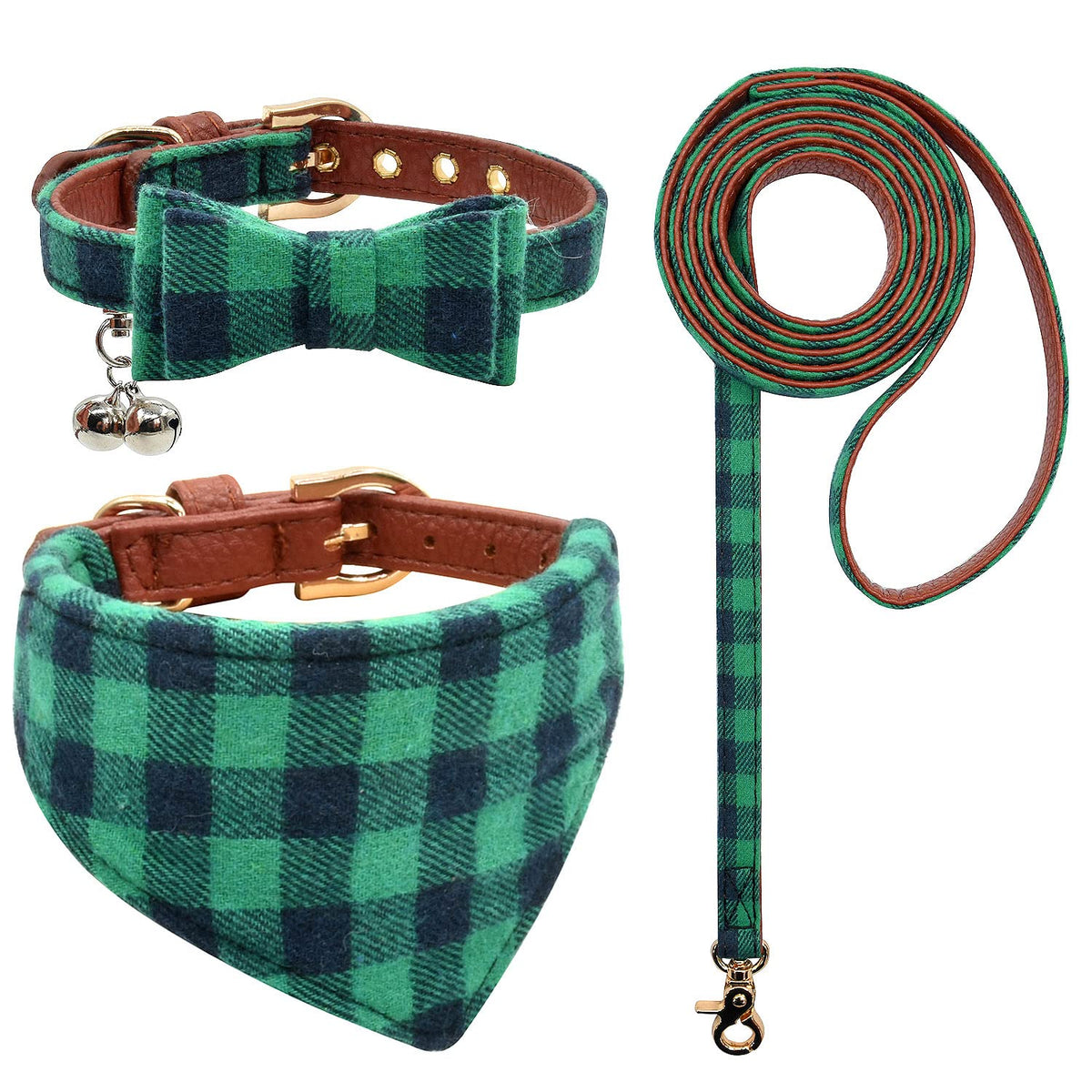 3PCS Bow Tie Dog Collar and Leash Set Plaid/Camo/Dots/Flower Dog Bandanas with Bell 3 Size Adjustable for Small Dogs Puppies and Cats (XS, Orange Plaid)