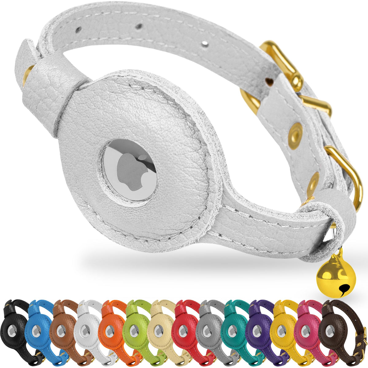 OOPSDOGGY Leather AirTag Cat Collar with Bell - Non Breakaway Kitten Collar with Apple Air Tag Holder - Lightweight GPS Pet Collars for Girl Boy Cats, Small Dogs, Puppies (Purple)