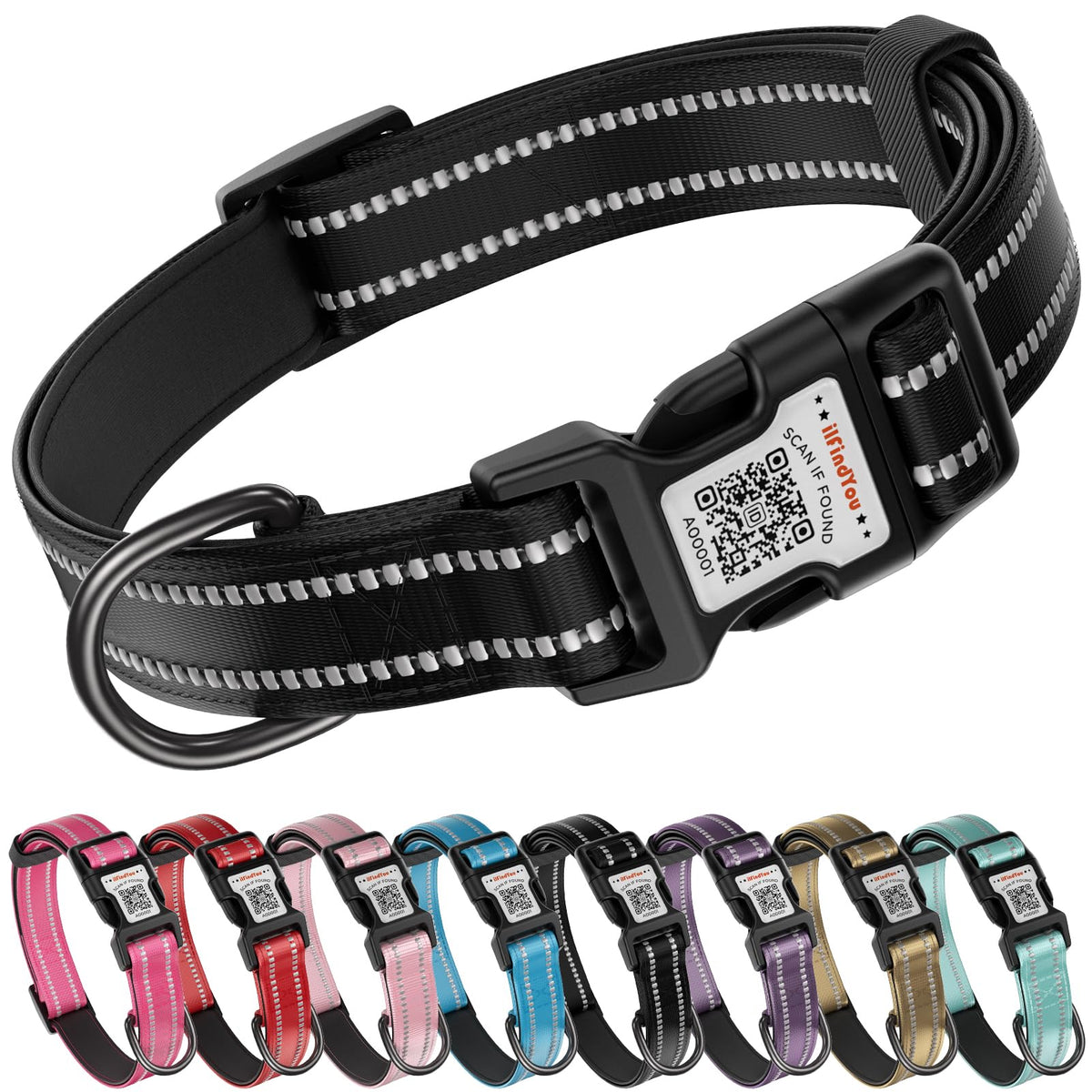 Personalized Dog Collar with QR Code Dog Tag, Light Blue M