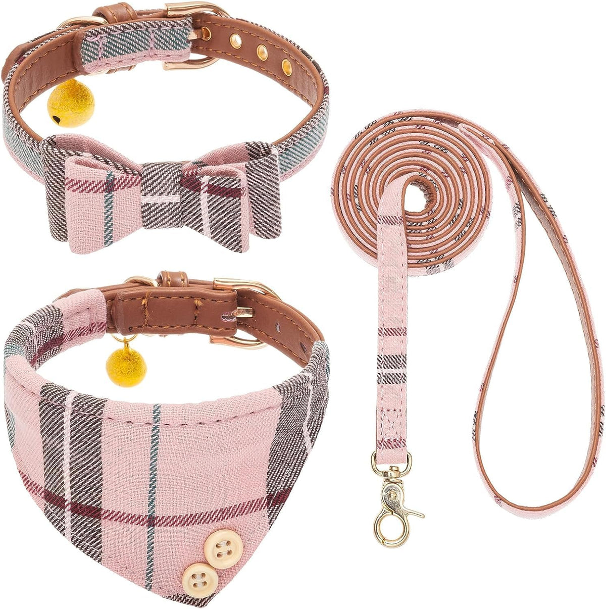 KOOLTAIL Cute Small Dog Collar and Leash Set with Bowtie and Bells,Puppy Bandana Collar and Leash for Girls with Pink Heart Pattern,Soft Leather Tangle Free Leashes for Small Dogs,Cats