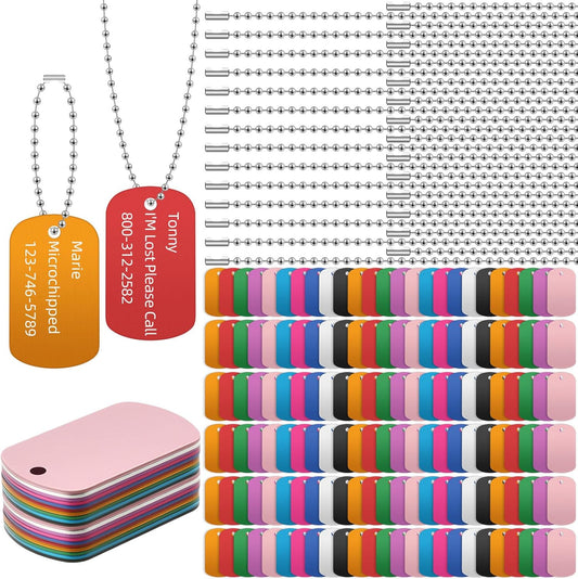 Therwen 300 Pcs Blank Dog Tag Set 150 Pet ID Tags 150 Necklace Chain