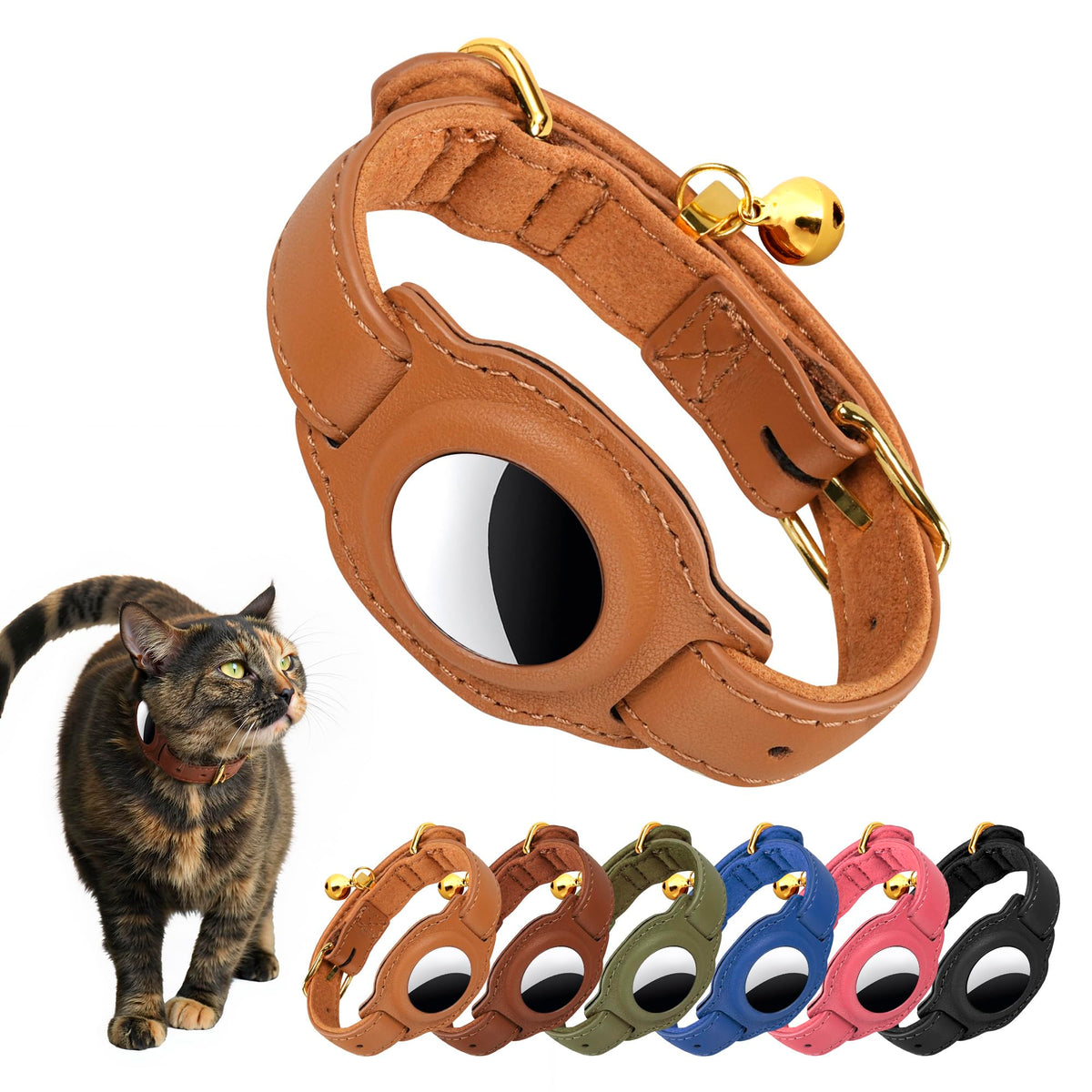 AirTag Cat Collar with Bell & Fabric Liner - Pet Collar Leather Cat Collar - Non Breakaway Leather Kitten Collar with AirTag Holder - GPS Cat Collars for Boy Cats, Girl Cats (Brown)