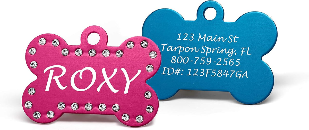 Providence Engraving Custom Engraved Crystal Pet Tags, Bone Shape, Pink
