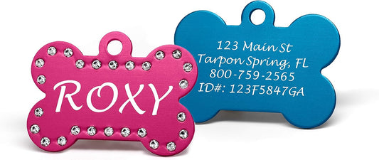 Providence Engraving Custom Engraved Crystal Pet Tags, Bone Shape, Pink