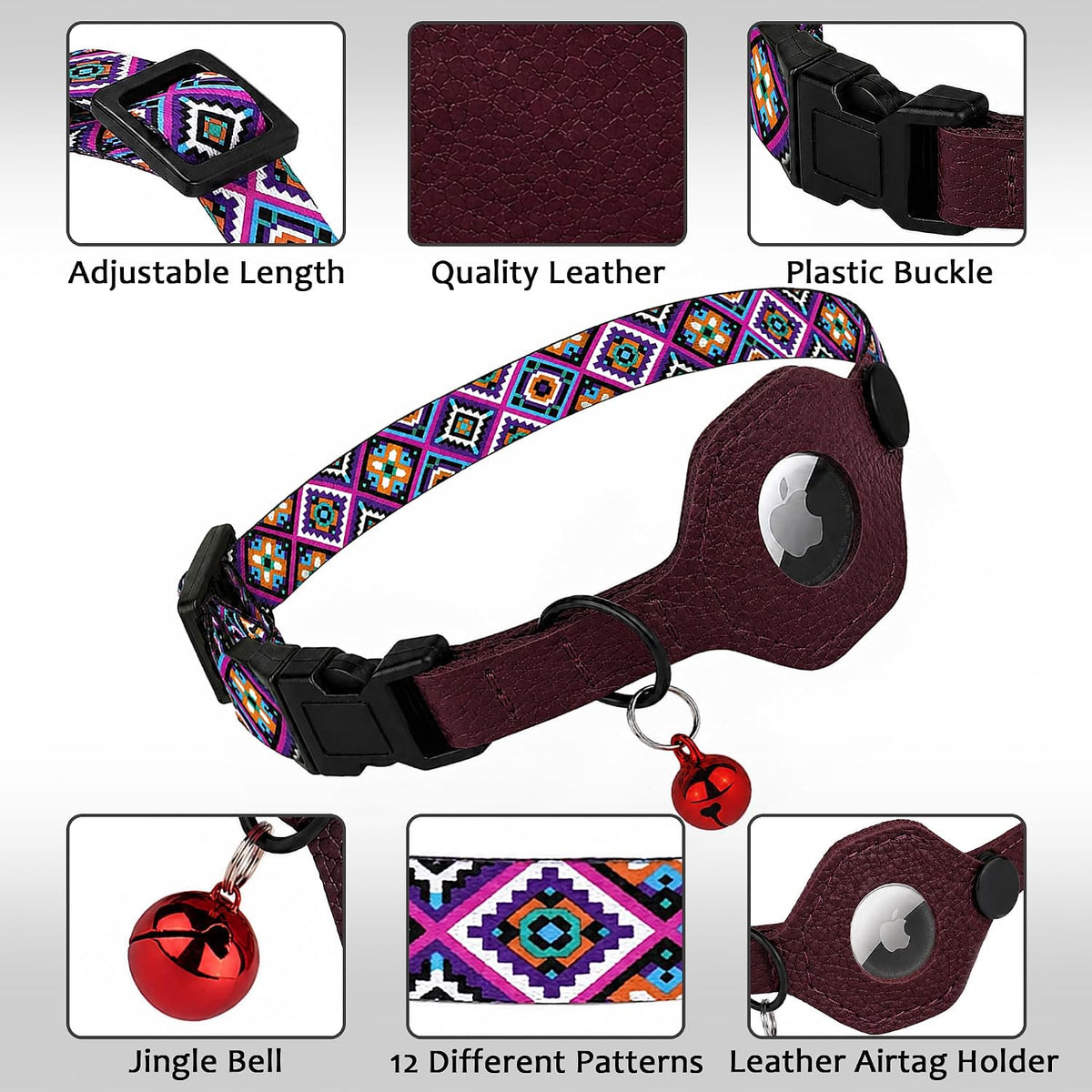 Breakaway Cat Collar with Leather AirTag Holder & Bell - Apple Air Tag Cat Collars for Girls & Boys, Lightweight Anti-Lost GPS Tracker Design, Printed Pattern - Safety and Adjustable (Aztec)