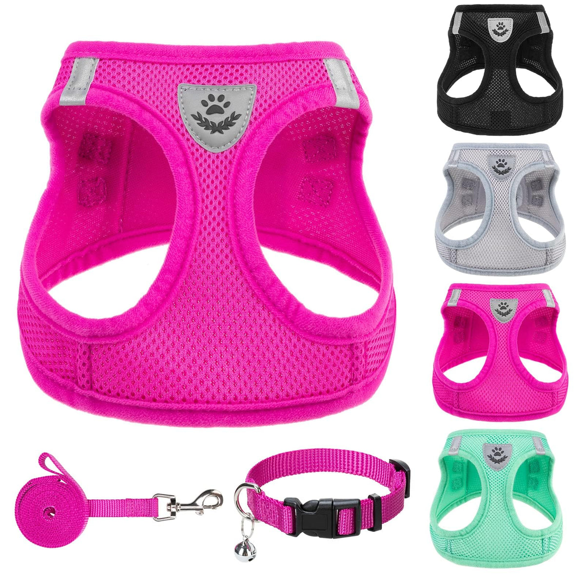 PUPTECK Adjustable Pet Harness Collar &Leash Set Step in for Small Dogs Puppy &Cats Outdoor Training &Running, Soft Mesh Padded Reflective Vest Harness,M: Chest girth: 16-18in Collar: 11.8-15.7in