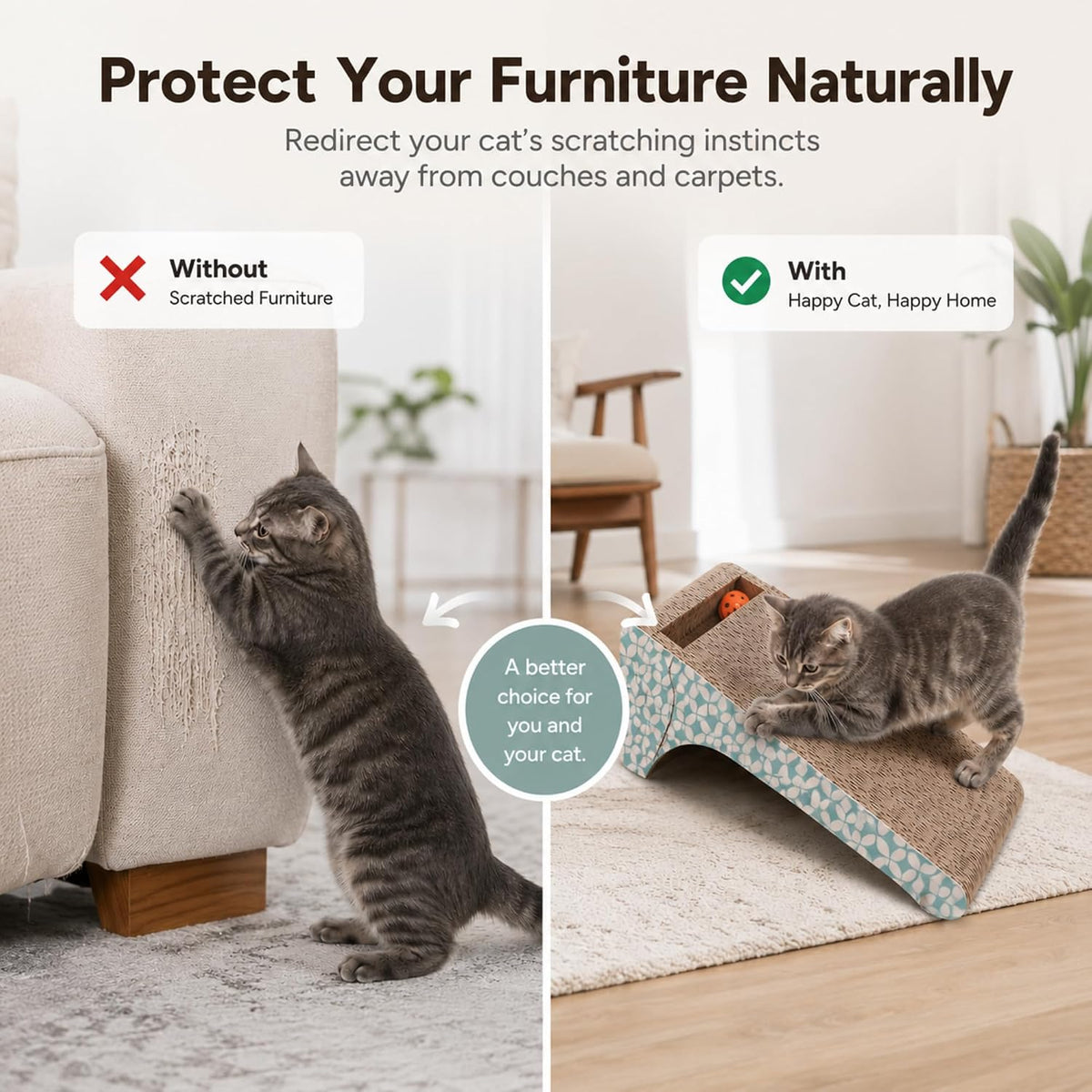 PrimePets Cardboard Cat Scratcher Ramp with Ball, 2 Sizes Cat Scratch Pads