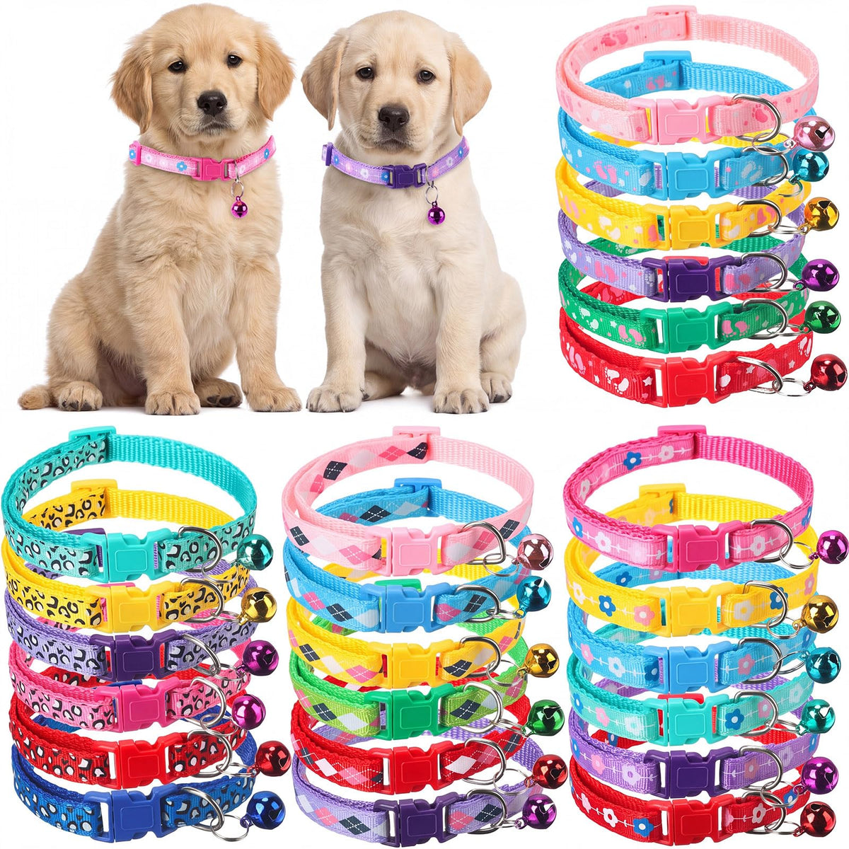 Yunsailing 24 Pcs Dog Collars with Bells for Litter Dog, Cute Pattern