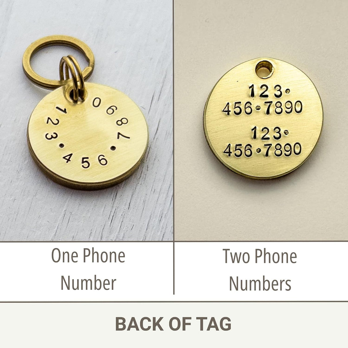 Personalized Brass Dog Tag, Engraved, Round Shape, Phone Number on Back