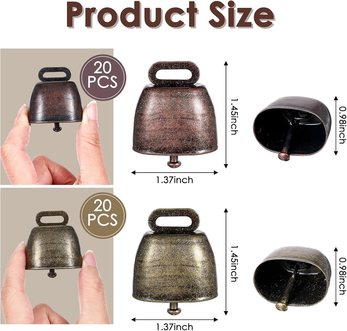 40 PCS Mini Cow Bells Bulk, Goat Bells for Collars, Antique Iron Metal Animal Copper Bell, Small Cowbell for Farm Pets Christmas Decor (20 Red Bronze, 20 Green Bronze)