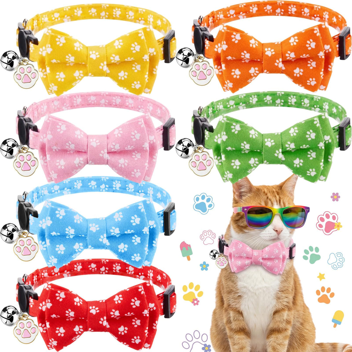 Hsei 6 Pcs Fall Cat Collars Bulk Bow Tie Bell for Autumn Charm Grooming