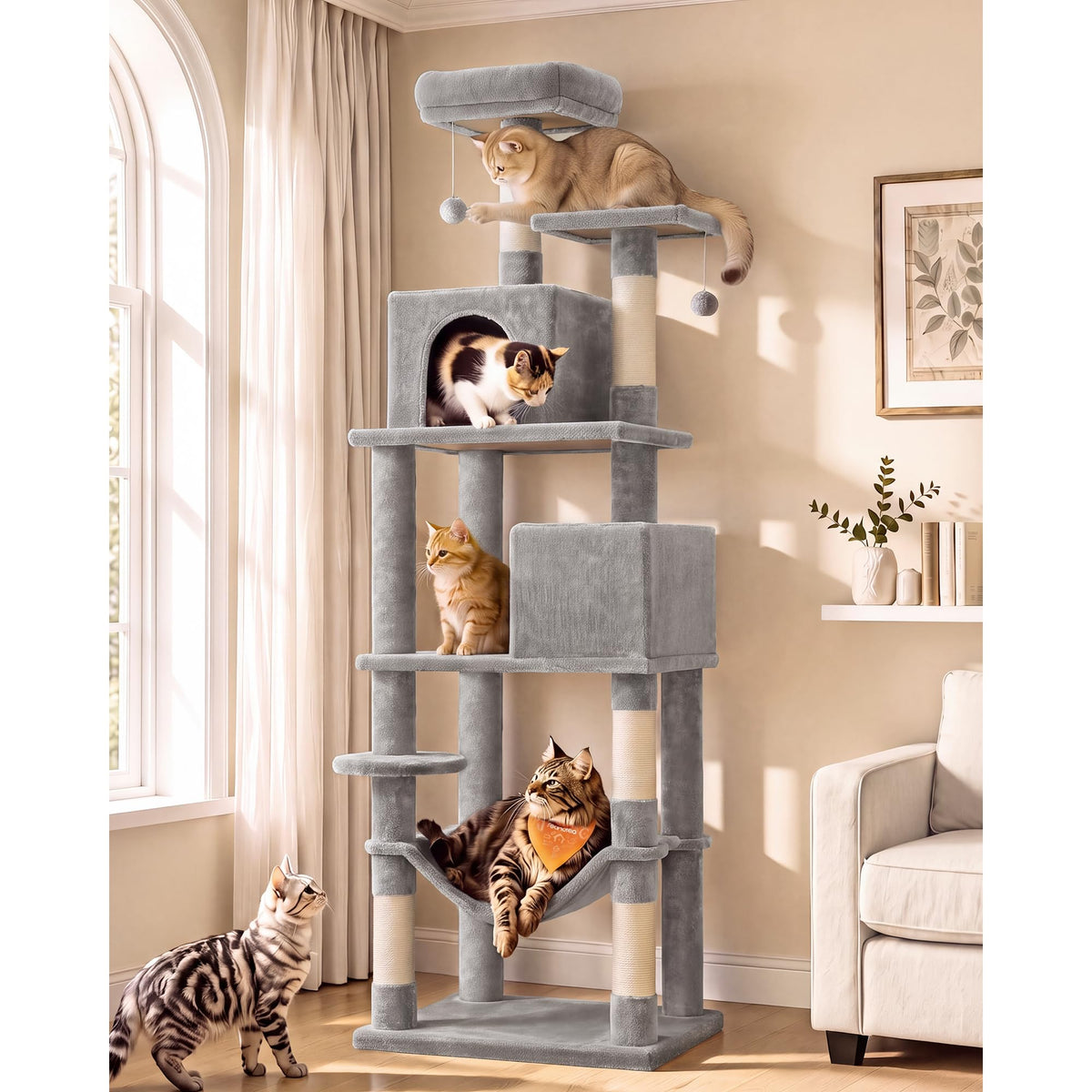 Feandrea Cat Tree, 59.5-Inch Tall Cat Tower, Multi-Level Condo, Beige