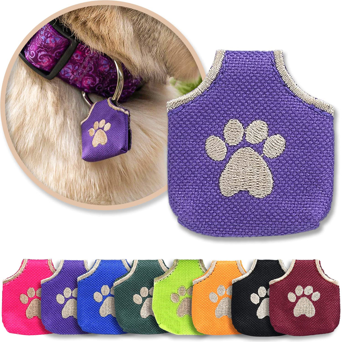Woofhoof Dog Tag Silencer, Blue Pawprint - Quiet Noisy Pet Tags - Fits Up to Four Pet IDs - Dog Tag Cover Protects Metal Pets IDs, Made of Durable Nylon, Universal Fit, Machine Washable