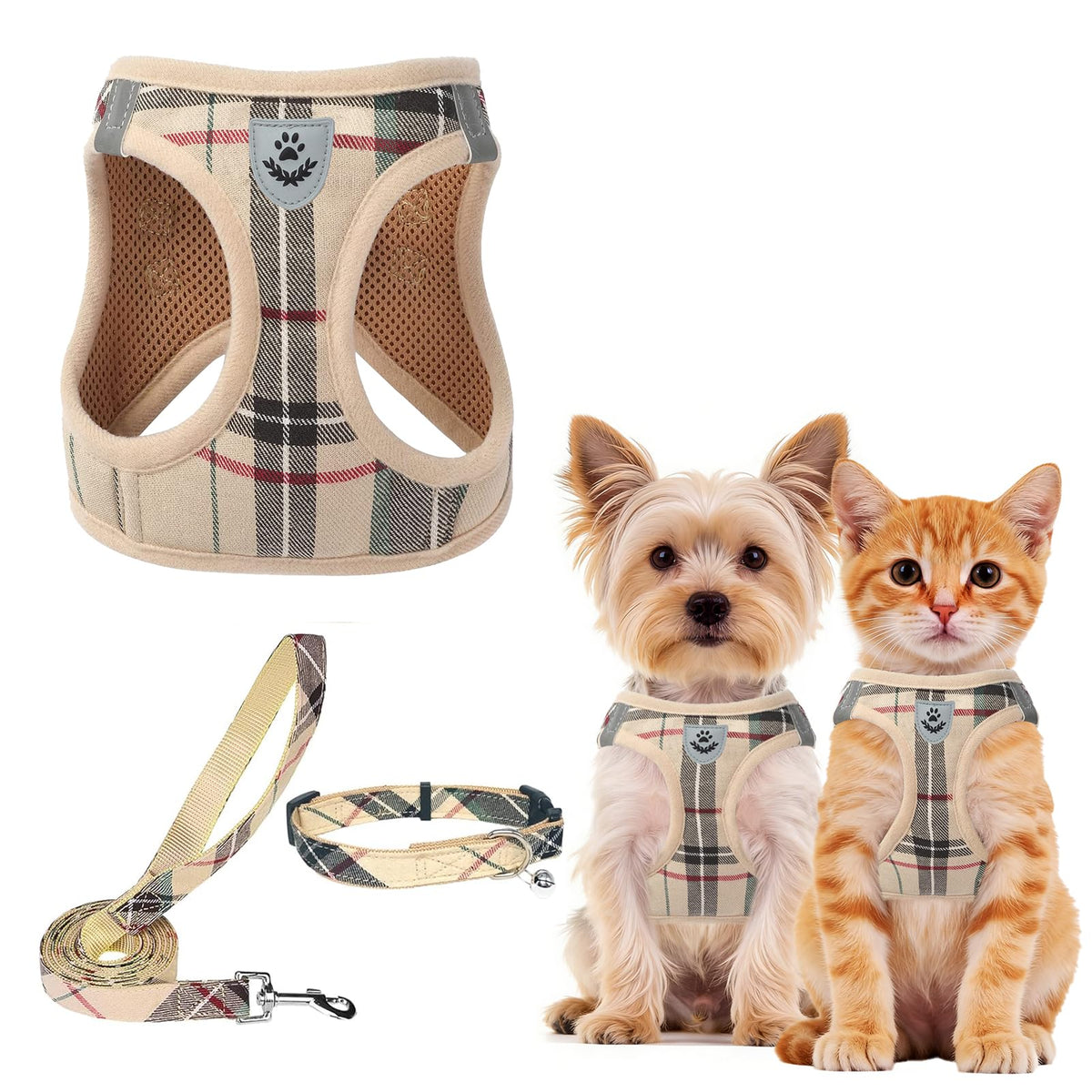 PUPTECK Adjustable Pet Harness Collar &Leash Set Step in for Small Dogs Puppy &Cats Outdoor Training &Running, Soft Mesh Padded Reflective Vest Harness,M: Chest girth: 16-18in Collar: 11.8-15.7in