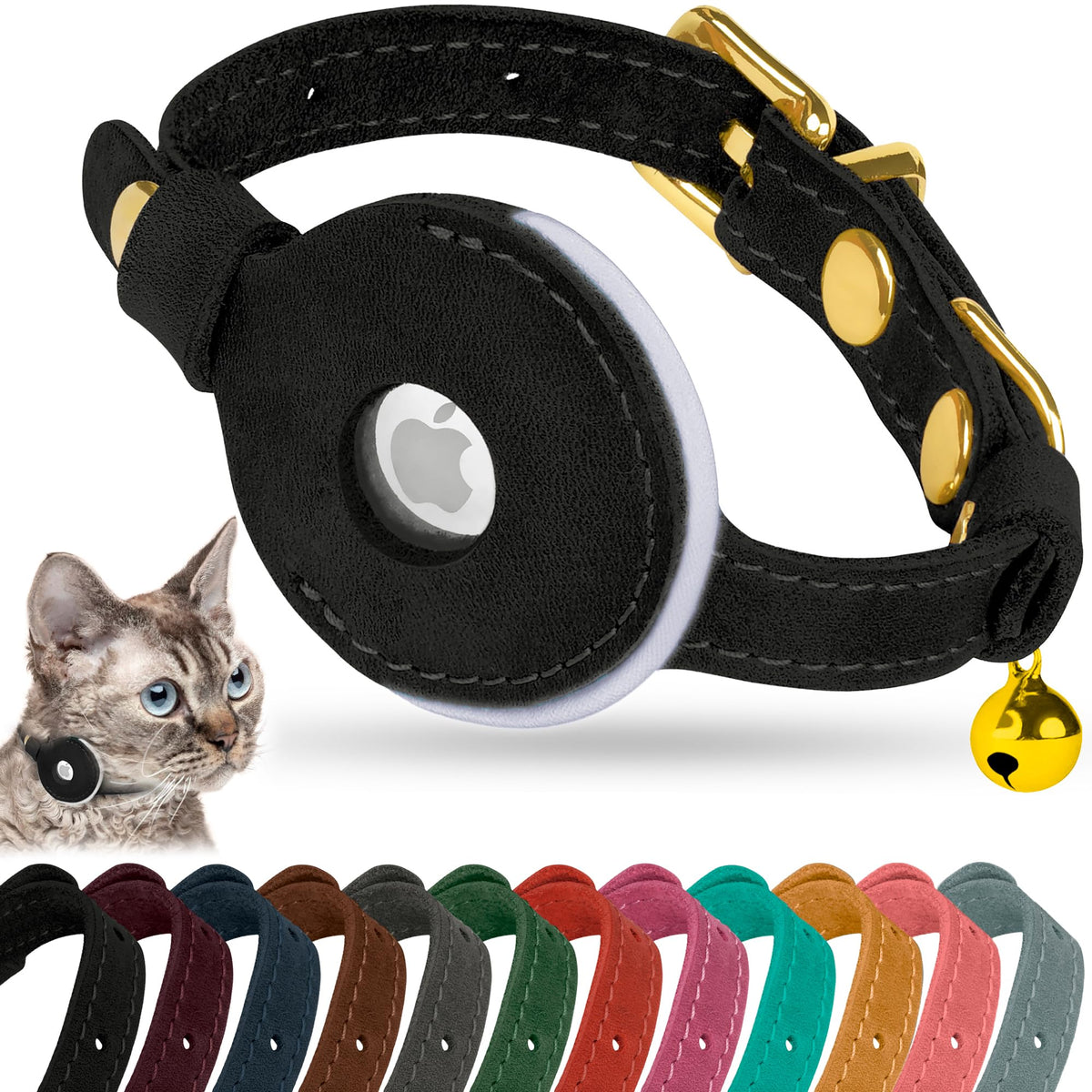 OOPSDOGGY Reflective Leather AirTag Cat Collar with Bell - Non Breakaway Adjustable Pet Collar with Apple Air Tag Holder - Lightweight GPS Kitten Collars for Small Dogs Puppy (Teal)