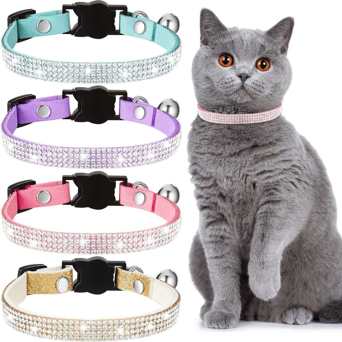 Weewooday 4 Pieces Rhinestones Cat Collars Breakaway Cat Collar with Bell Bling Pet Accessories with Soft Velvet, 4 Colors(XS,Purple, Blue, Gold, Pink)