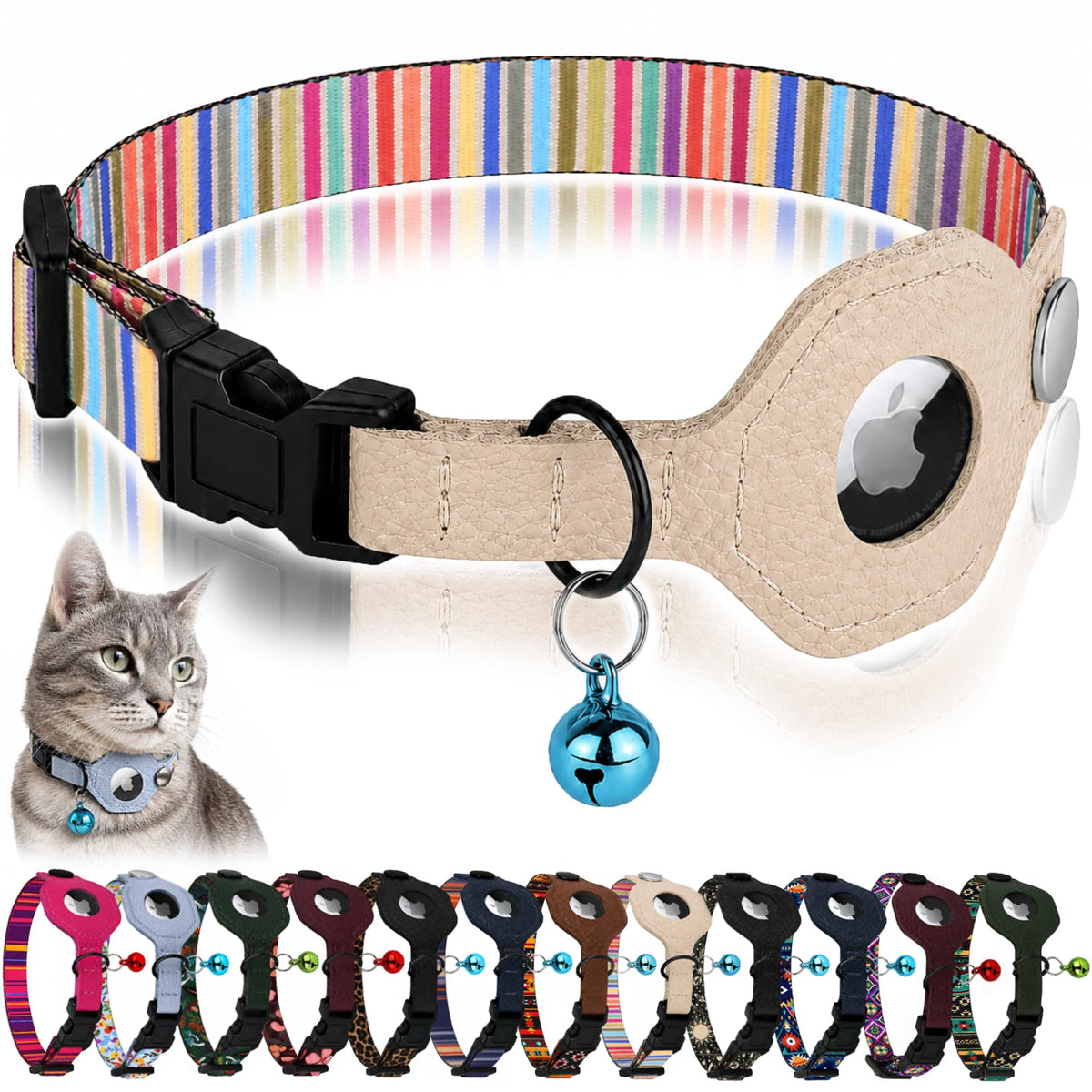 Breakaway Cat Collar with Leather AirTag Holder & Bell - Apple Air Tag Cat Collars for Girls & Boys, Lightweight Anti-Lost GPS Tracker Design, Printed Pattern - Safety and Adjustable (Aztec)