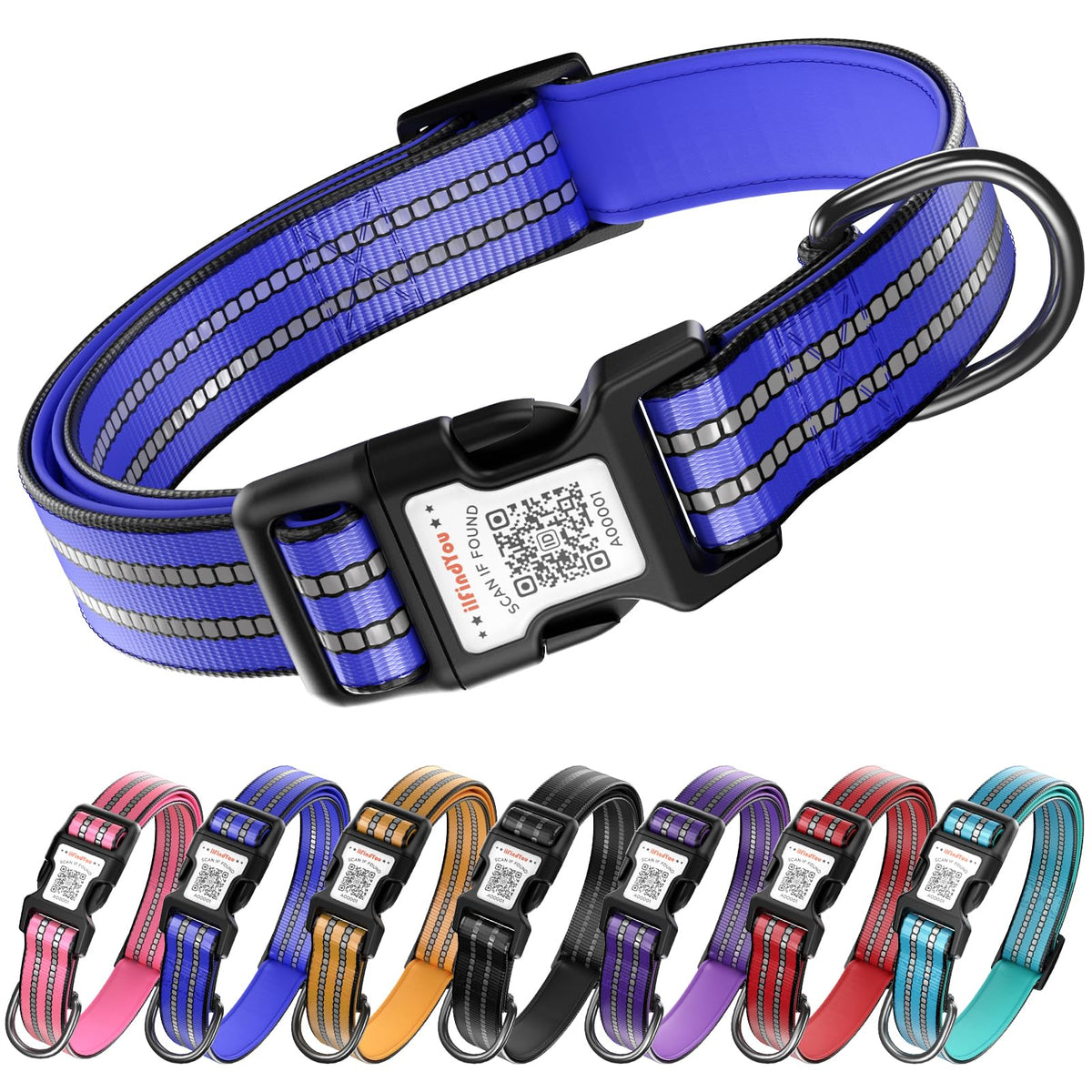 Personalized Dog Collar with QR Code Dog Tag, Light Blue M