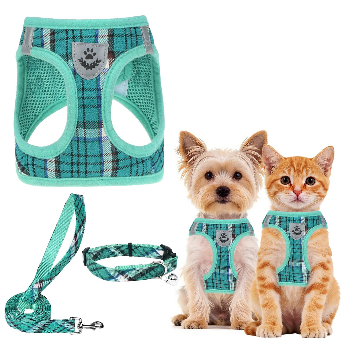 PUPTECK Adjustable Pet Harness Collar &Leash Set Step in for Small Dogs Puppy &Cats Outdoor Training &Running, Soft Mesh Padded Reflective Vest Harness,M: Chest girth: 16-18in Collar: 11.8-15.7in