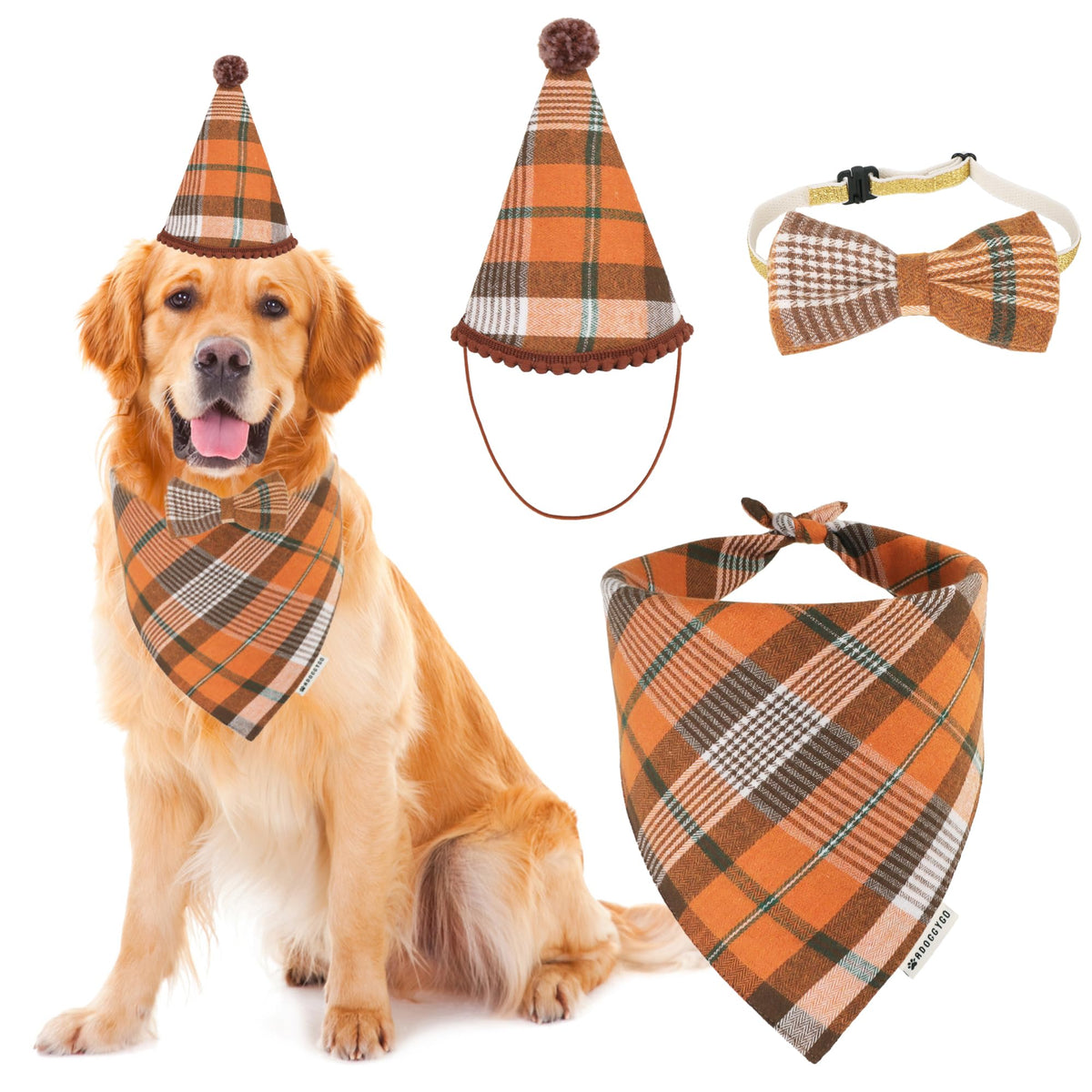 ADOGGYGO Christmas Dog Bandana Hat Bow Tie Set - Stylish Red Plaid Puppy Christmas Hat Scarf Costume Outfit for Small Dogs Pets (Small)
