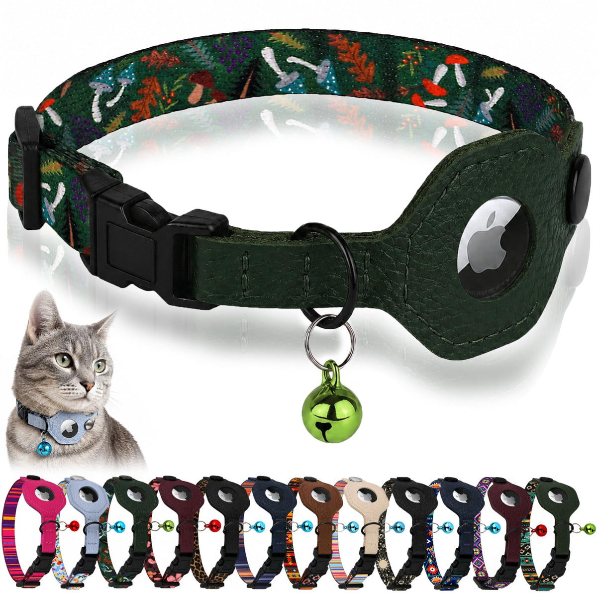 Breakaway Cat Collar with Leather AirTag Holder & Bell - Apple Air Tag Cat Collars for Girls & Boys, Lightweight Anti-Lost GPS Tracker Design, Printed Pattern - Safety and Adjustable (Aztec)