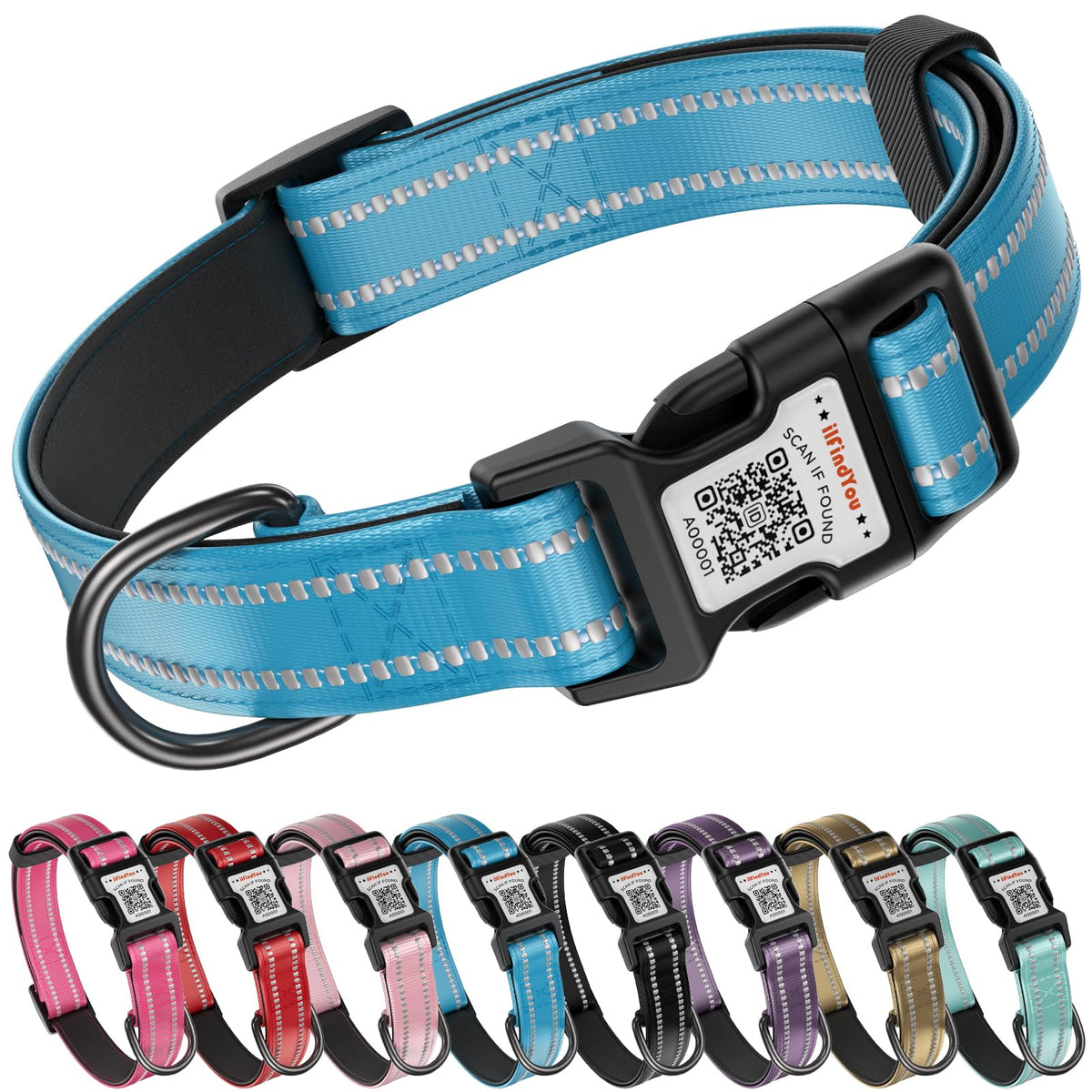 Personalized Dog Collar with QR Code Dog Tag, Light Blue M