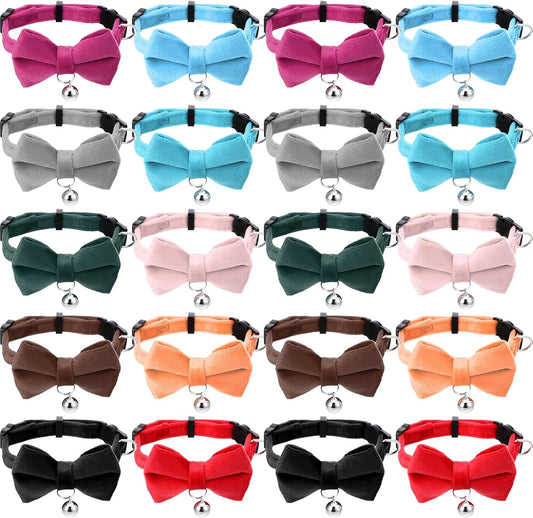 20 Pack Cat Collars with Bow Tie and Bell, Adjustable 7-11 inch Pet Collar with Safety Buckle, Solid Colors Kitten Bow Breakaway Cat Bowtie for Puppy Pet Accessories (10 Colors)
