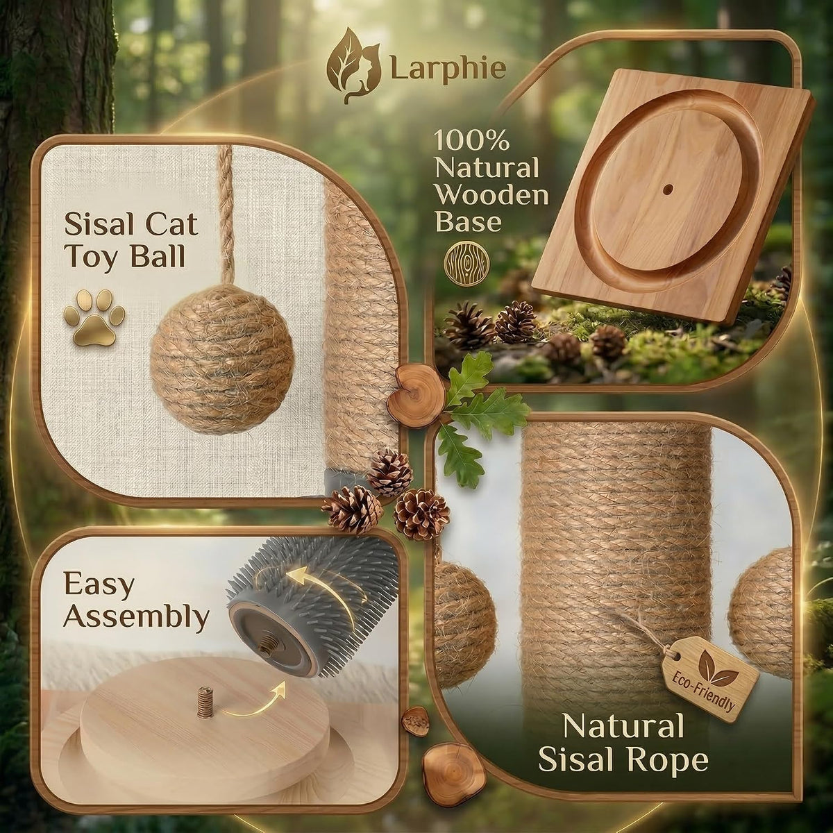 4-in-1 Solid Wood Cat Scratching Post with Self-Groomer, Medium Size